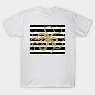 Gold Octopus on Black & White Stripes T-Shirt